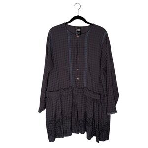 Blue Fish Clothing Tunic Womens Gray‎ Good Lagenlook Art To Wear Embroidered Top